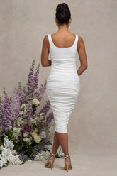 White Maternity Square Neck Ruched Midi Dress